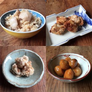 里芋ご飯、里芋の煮っころがし、里芋サラダ、里芋ナゲット