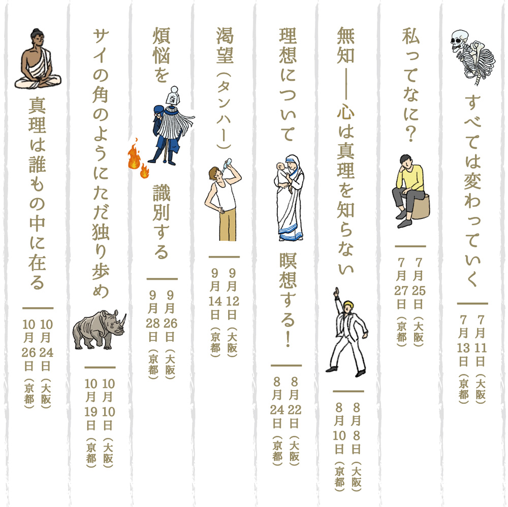 すべては変わっていく
私ってなに？
無知――心は真理を知らない
理想について瞑想する！
渇望（タンハー）
煩悩を識別する
サイの角のようにただ独り歩め
真理は誰もの中に在る